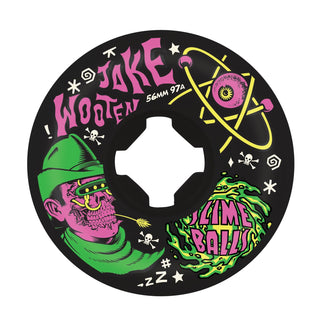 Slime Balls 56mm Jake Wooten Vomit Mini skateboard wheels, 97a with neon graphic by Thomas Fernandez.