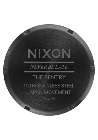 All black Nixon Sentry Leather Analog Watch with stainless steel case and custom leather band.

