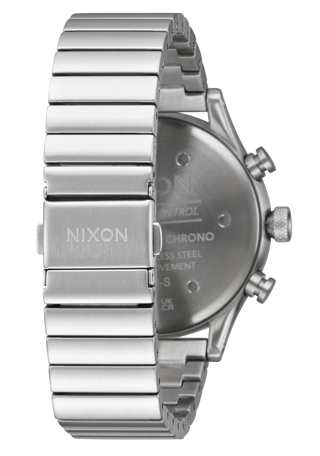 Nixon Station Chrono Watch in Silver/Indigo with vintage design and 2-eye chronograph.