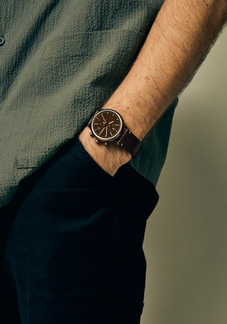 Nixon Station Chrono Leather Watch in Chocolate/Cappuccino/Brown with Horween leather band and 2-eye chronograph.