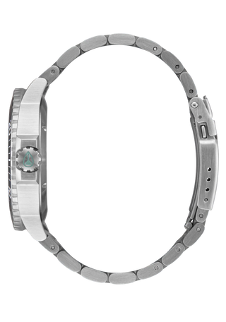 Nixon Stinger 44 Watch in Silver with jade dial, luminous indices, and stainless steel bracelet.