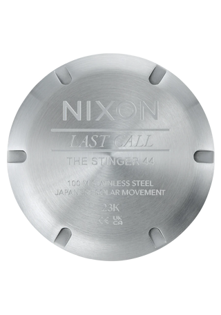 Nixon Stinger 44 Watch in Silver with jade dial, luminous indices, and stainless steel bracelet.