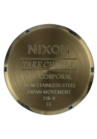 Nixon Corporal Stainless Steel watch with black sunray dial, oversized bezel, and faceted 3-link bracelet.