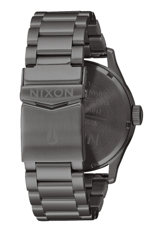 Nixon Sentry Stainless Steel Watch in all-gunmetal with a durable design and bilingual day/date function.