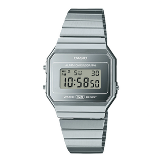 Casio A700WEV-7A watch with a slim case, stainless steel band, and LED backlight.