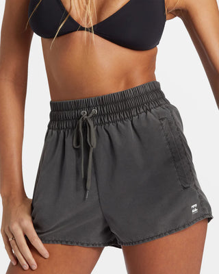 Billabong Sol Searcher New Elastic Waist Volleys in Black Pebble with high waist and drawcord closure.