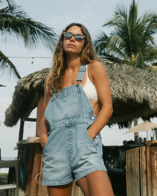 Billabong Sand Canyon Denim Short Overalls in Light Wash with adjustable straps and multiple pockets.