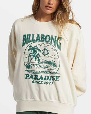 Billabong Fresh Take Crew in white, boxy fit with long sleeves and center graphics.