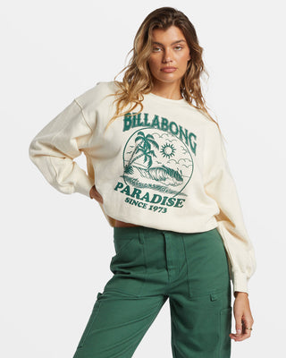 Billabong Fresh Take Crew in white, boxy fit with long sleeves and center graphics.