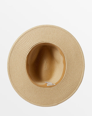 Billabong Tides Packable Straw Fedora, wide brim, adjustable sweatband, faux suede ribbon, metal bar branding, natural color.