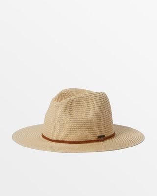 Billabong Tides Packable Straw Fedora, wide brim, adjustable sweatband, faux suede ribbon, metal bar branding, natural color.