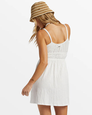 Billabong Lynn Knit Dress in Salt Crystal with shirred bodice, adjustable straps, and front tie.