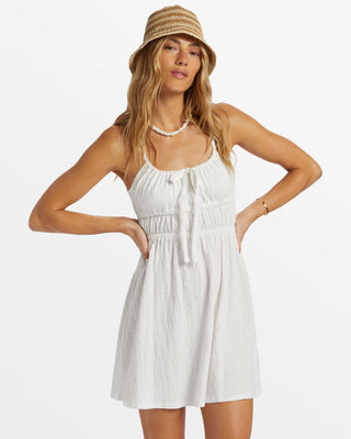 Billabong Lynn Knit Dress in Salt Crystal with shirred bodice, adjustable straps, and front tie.