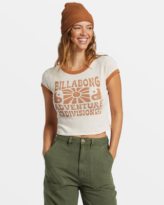 Billabong Summer Camp Ringer Tee in white with contrast neck and sleeve bands, made from organic cotton.