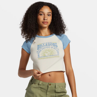 Billabong Blissed Cropped Raglan Tee with crew neck and screen print.