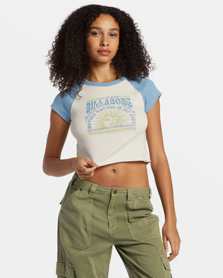 Billabong Blissed Cropped Raglan Tee with crew neck and screen print.