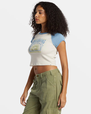 Billabong Blissed Cropped Raglan Tee with crew neck and screen print.