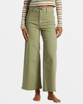 Billabong Free Fall High Waist Pants in Army, slim fit, wide cropped leg, and raw hem.