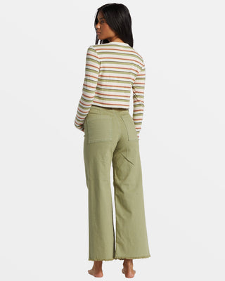 Billabong Free Fall High Waist Pants in Army, slim fit, wide cropped leg, and raw hem.