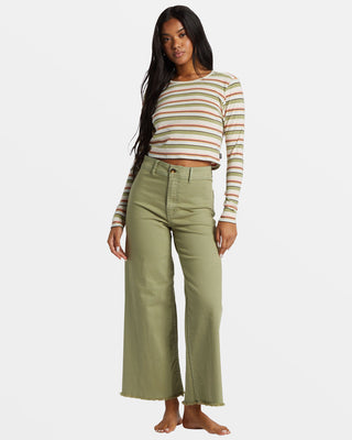 Billabong Free Fall High Waist Pants in Army, slim fit, wide cropped leg, and raw hem.