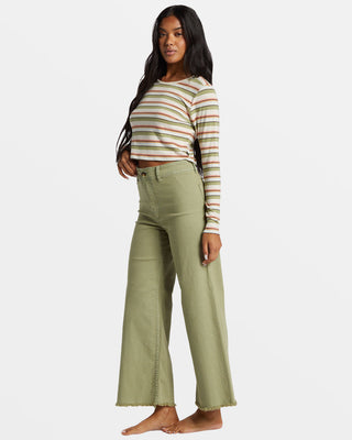 Billabong Free Fall High Waist Pants in Army, slim fit, wide cropped leg, and raw hem.