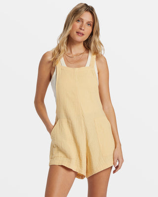 Billabong Beach Crush Romper in Pale Yellow with cotton gauze fabric, square neck, and adjustable straps.