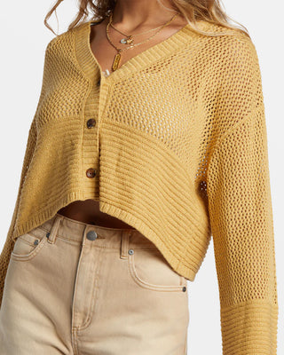 Billabong Tavi Cardigan with V-neck and cropped, boxy fit.