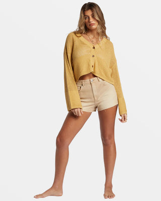 Billabong Tavi Cardigan with V-neck and cropped, boxy fit.