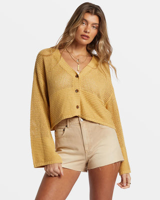 Billabong Tavi Cardigan with V-neck and cropped, boxy fit.