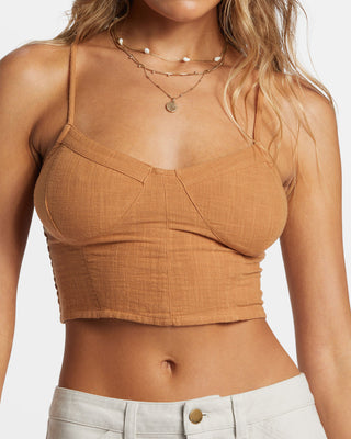 Billabong By The Sea Crop Top in Sandalwood, figure-hugging with scoop neck and smocked back.