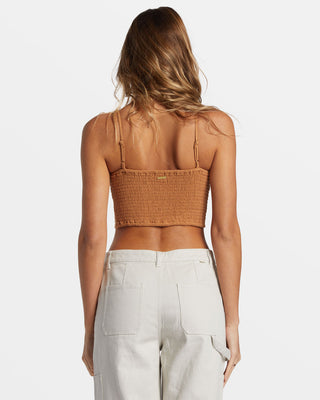 Billabong By The Sea Crop Top in Sandalwood, figure-hugging with scoop neck and smocked back.