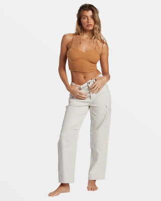 Billabong By The Sea Crop Top in Sandalwood, figure-hugging with scoop neck and smocked back.