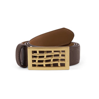 Dime Heavyweight Leather Belt in Brown with debossed wavy pattern, made from 100% leather.