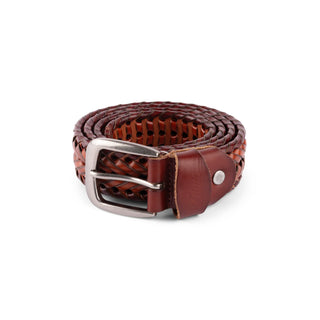 Caramel and brown braided leather belt with timeless design.