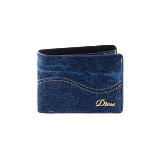 Indigo denim bifold wallet with sleek design and durable construction.