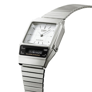 Casio Vintage AQ800E-7A Watch in silver with analog and digital display, retro grid pattern.