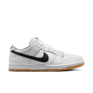 Nike SB Dunk Low Pro shoes in White/Black with leather, Zoom Air cushioning, and gum outsole.