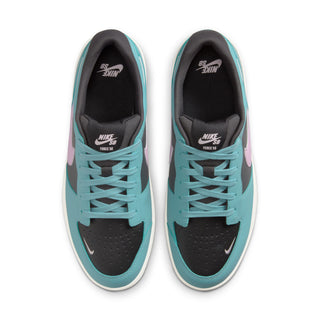 Nike SB Force 58 skate shoes with suede, canvas, tri-star outsole, and retro branding in Denim Turquoise/Red Sepia.