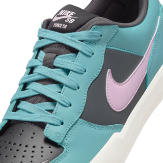 Nike SB Force 58 skate shoes with suede, canvas, tri-star outsole, and retro branding in Denim Turquoise/Red Sepia.