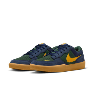 Nike SB Force 58 Skate Shoes in Midnight Navy/University Gold with suede and canvas upper, durable cupsole, and flexible tri-star sole design.