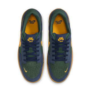 Nike SB Force 58 Skate Shoes in Midnight Navy/University Gold with suede and canvas upper, durable cupsole, and flexible tri-star sole design.