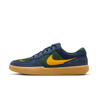 Nike SB Force 58 Skate Shoes in Midnight Navy/University Gold with suede and canvas upper, durable cupsole, and flexible tri-star sole design.