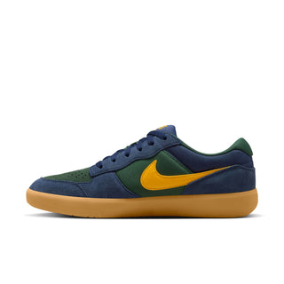 Nike SB Force 58 Skate Shoes in Midnight Navy/University Gold with suede and canvas upper, durable cupsole, and flexible tri-star sole design.