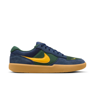 Nike SB Force 58 Skate Shoes in Midnight Navy/University Gold with suede and canvas upper, durable cupsole, and flexible tri-star sole design.