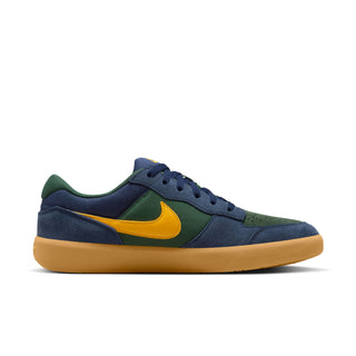 Nike SB Force 58 Skate Shoes in Midnight Navy/University Gold with suede and canvas upper, durable cupsole, and flexible tri-star sole design.