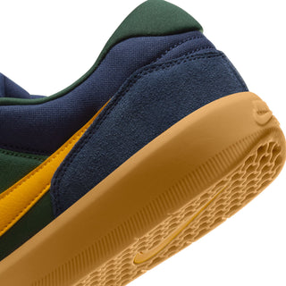 Nike SB Force 58 Skate Shoes in Midnight Navy/University Gold with suede and canvas upper, durable cupsole, and flexible tri-star sole design.