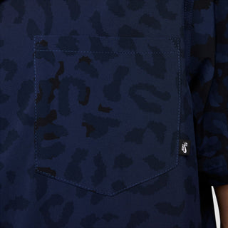 Nike SB Print Bowler short sleeve button-up skate shirt in Midnight Navy with bold print.