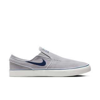 Nike SB Janoski Slip skate shoes in Wolf Grey, suede upper, rubber sole, and low-top tieless design.