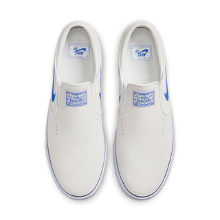 Nike SB Janoski+ Slip Shoes in Summit White and Hyper Royal, featuring suede upper and Zoom Air cushioning.