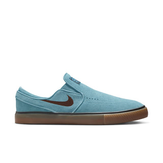 Nike SB Janoski Slip Shoes in Denim Turquoise/Cacao Wow with suede upper and Zoom Air cushioning for responsive performance.